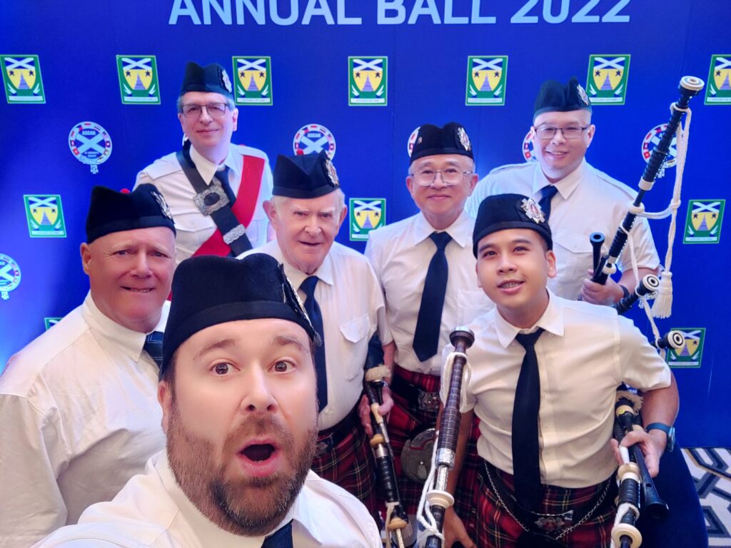 The British Club Bangkok Pipe Band playing at the St. Andrews ball in Bangkok Thailand.