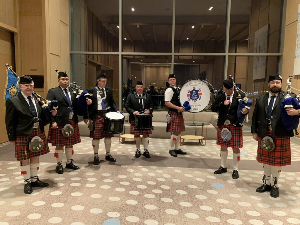 British Club Bangkok Pipe Band playing the 2023 Bangkok St Andrew's Society Ball