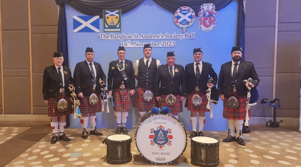 The British Club Bangkok Pipe Band playing at the St. Andrews ball in Bangkok Thailand.