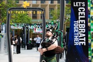Bagpiper plays outside a St. Patrick's Day in Bangkok
