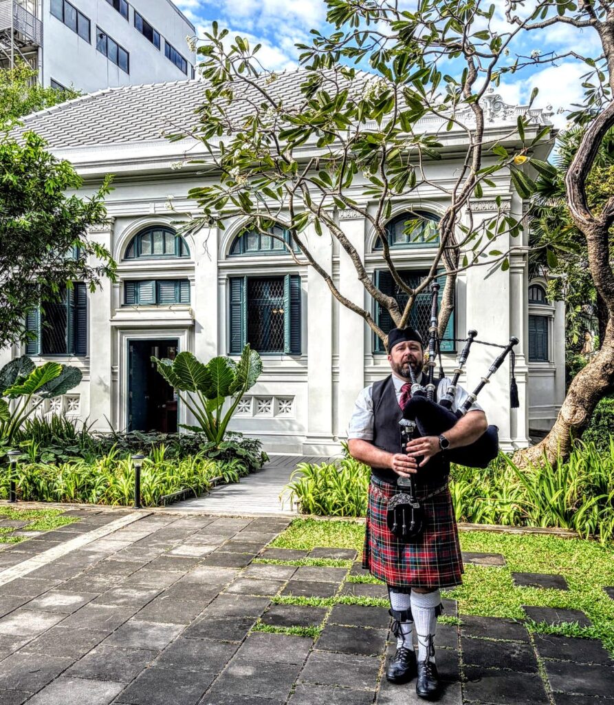 Neilson Hays Library Bagpiping (outside) in Bangkok Thailand