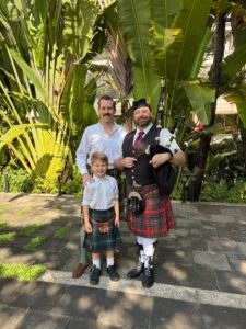 Neilson Hays Library Bagpiping with father and son and bagpiper